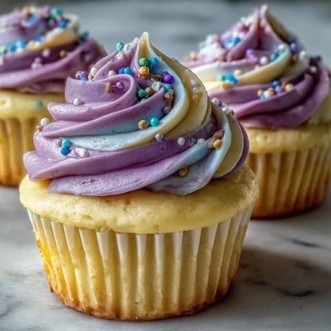 Fluffy vanilla Gemini Birthday Cupcakes with vibrant dual-tone frosting swirled high.