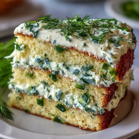 Savory Pickle Cake with dill frosting, a unique appetizer layered with tang and freshness.