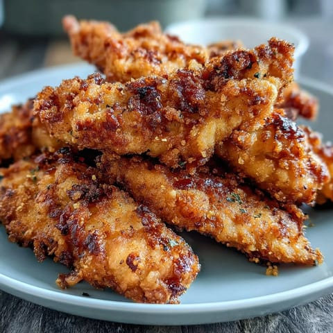 Golden-brown Pickle Brine Chicken Tenders glistening with crunch, ready with dipping sauce.