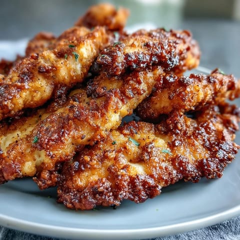 Crispy Pickle Brine Chicken Tenders, juicy inside, fried to a beautiful golden hue.