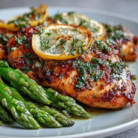 Juicy chicken and tender asparagus with lemon slices in an easy one-pan meal.
