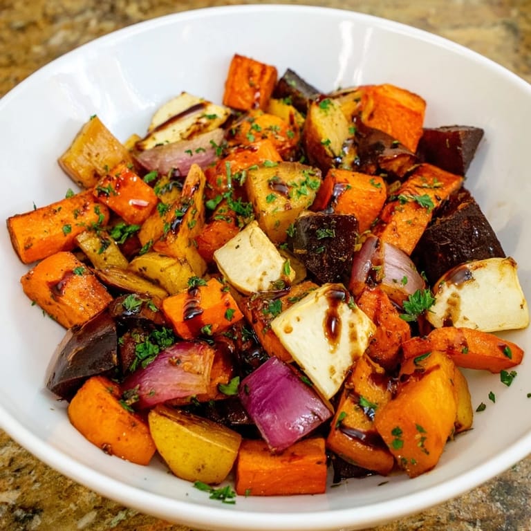 Savory Roasted Root Vegetable Medley with an inviting balsamic drizzle, perfect for a cozy dinner.
