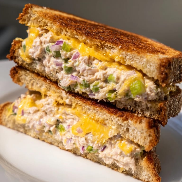 A hot, freshly made Classic Tuna Melt Sandwich oozing with melted cheddar, ready to eat.