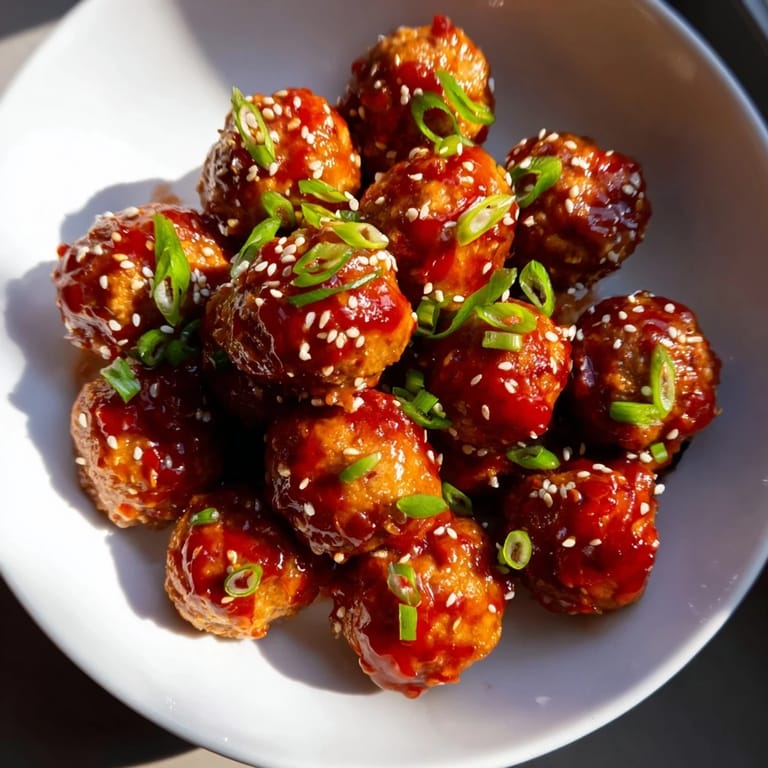 Close up of glazed Spicy Sriracha Honey Meatballs, garnished with sesame seeds and fresh sliced green onions.