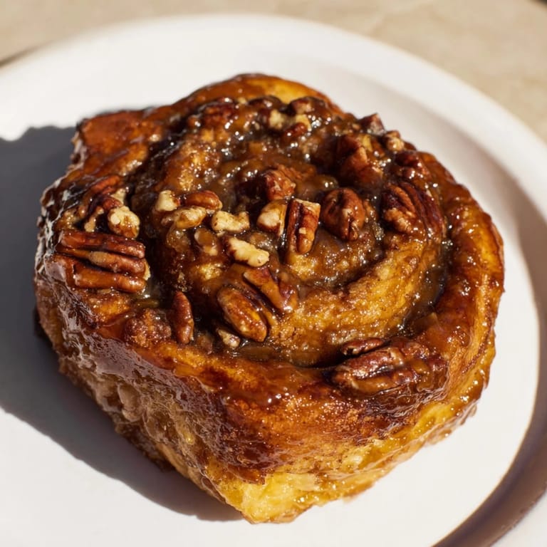 Close-up of freshly baked Pecan and Honey Sticky Buns, showing swirls of cinnamon and pecans.