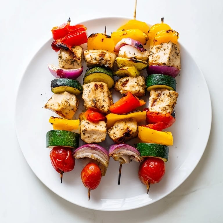 Skilfully grilled Chicken and Veggie Skewers bursting with colorful bell peppers, tender chicken, and fresh tomatoes.