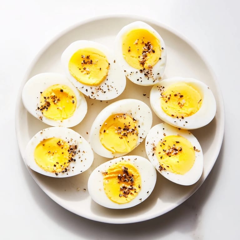 Close-up of perfectly cooked perfect hard-boiled eggs, showing smooth whites and vibrant yolks, ready to eat.