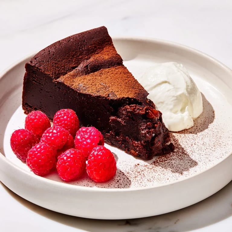 This intensely rich flourless chocolate cake, served with fresh berries and whipped cream, looks divine.