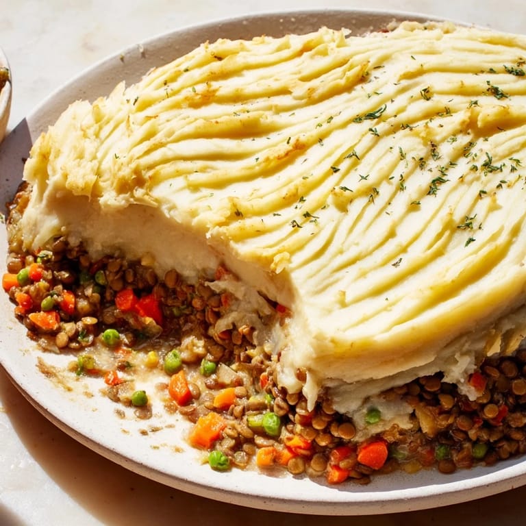 A close-up of a bubbling Hearty Lentil Shepherds Pie, with a creamy mashed potato topping in its dish.