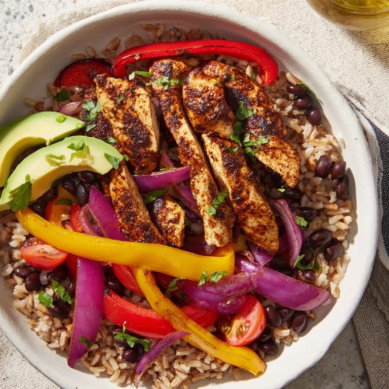 These portable Make-Ahead Chicken Fajita Meal Prep Bowls show off a vibrant mix of healthy, flavorful ingredients.