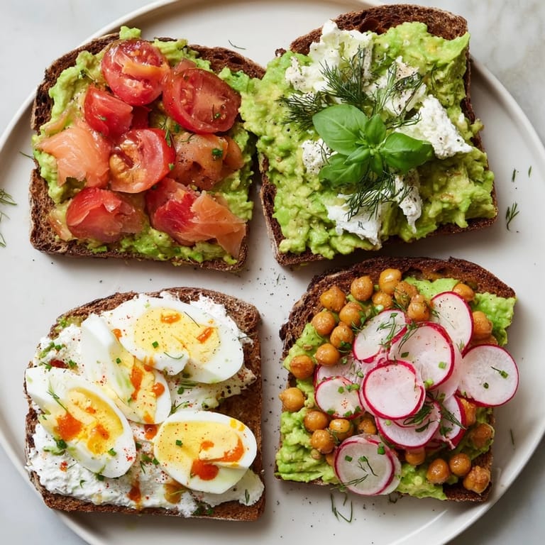 Golden, toasted bread piled high with avocado, alongside toppings for creative avocado toast.
