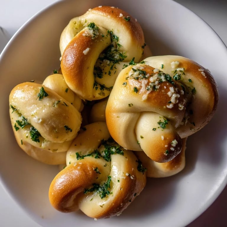 A close-up view of freshly baked Homemade Garlic Knots boasting a buttery and savory aroma.