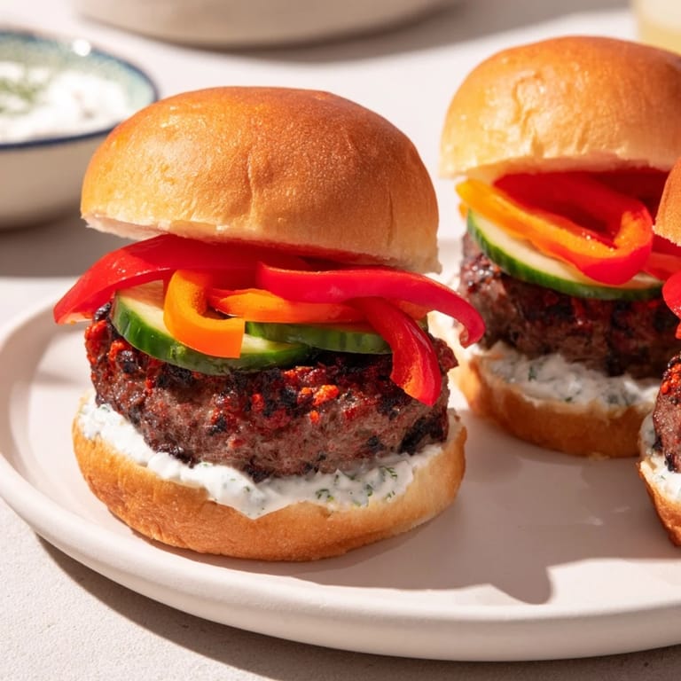 Sizzling Fire & Ice Burger, with spicy red peppers and creamy yogurt dip, a perfect combo.