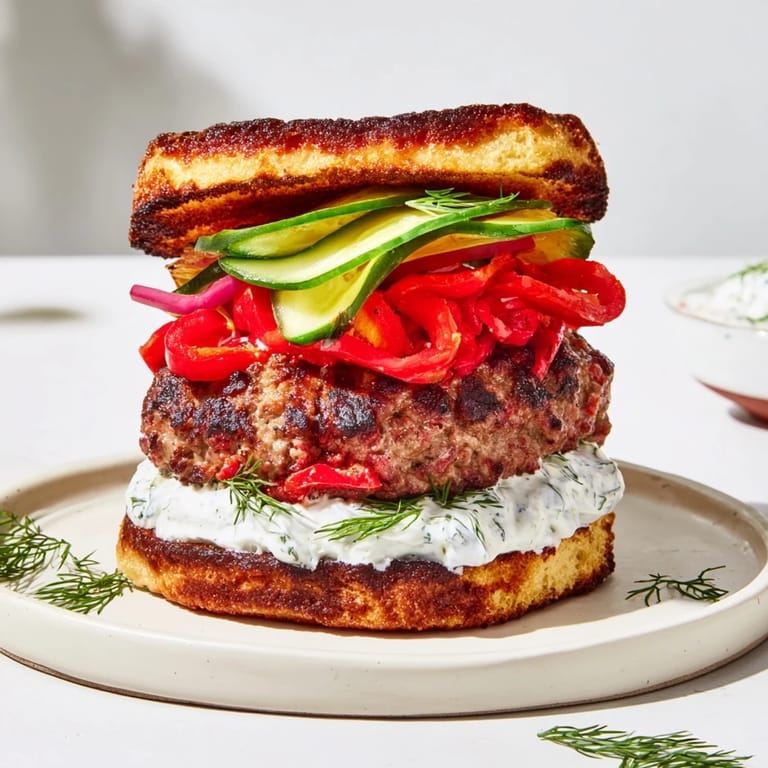 Melted pepper-jack cheese atop the Fire & Ice Burger, ready to be paired with cool cucumber.