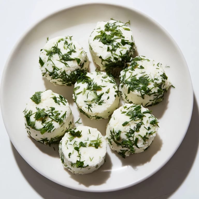 Freshly coated "The Mossy Stone" cheese rounds, green herbs creating an earthy, textured look.