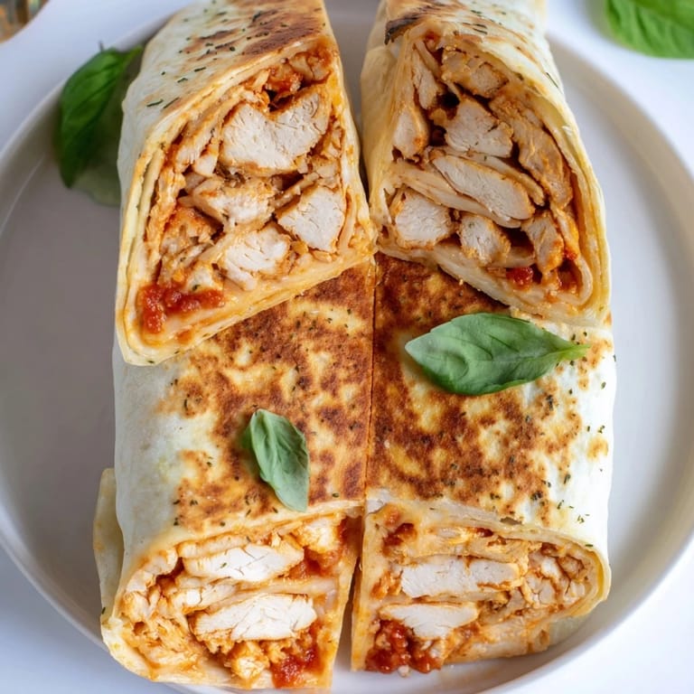 Warm, cheesy tortilla pizza wraps showcase shredded chicken, mozzarella, creating a flavorful Italian-American meal.