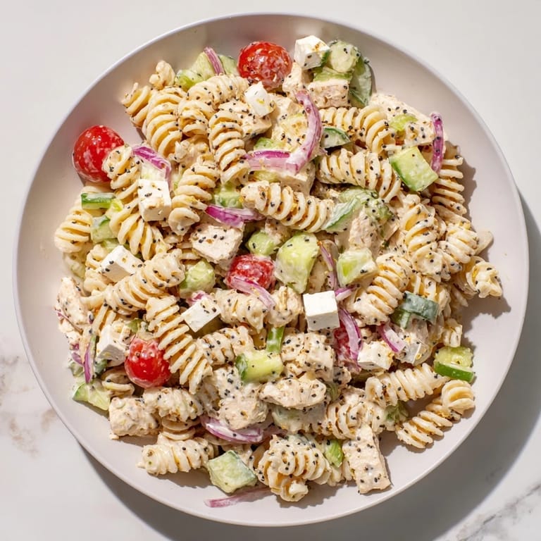 A close-up of Everything Bagel Chicken Pasta Salad shows tender chicken and perfect pasta coated in seasonings.