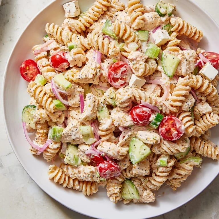 This vibrant bowl of Everything Bagel Chicken Pasta Salad features a mix of textures and savory flavors.