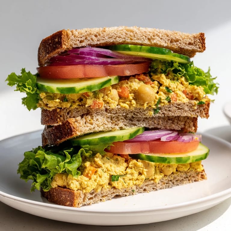 Bright and colorful Easy Chickpea Salad Sandwich with layers of fresh vegetables, perfect for lunch.