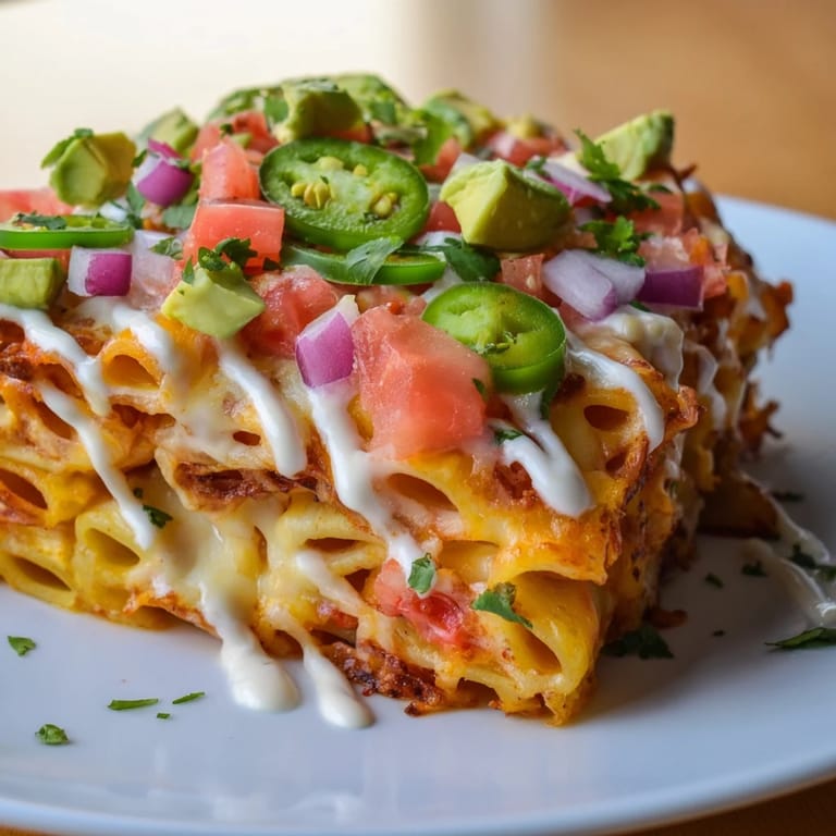 A delicious close-up of pasta chips nachos with vibrant, colorful toppings and cheese pulls.