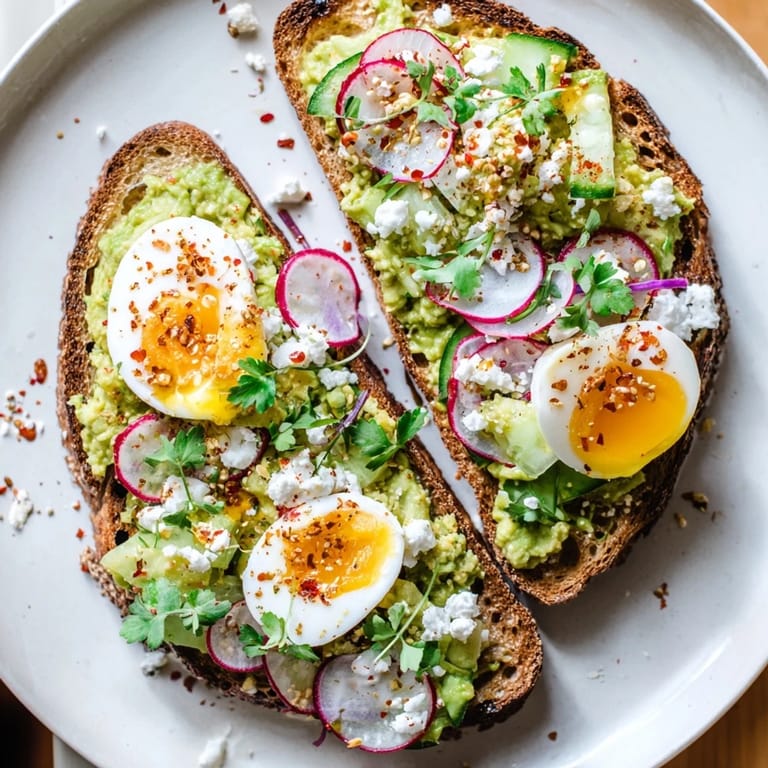 Savory loaded avocado toast, adorned with fresh herbs, colorful veggies, and a jammy egg for brunch.
