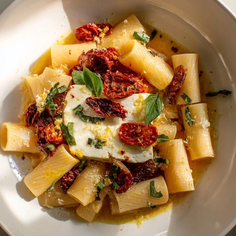 A close-up shot of hot Baked Feta Pasta, with colorful tomatoes and melted feta cheese.