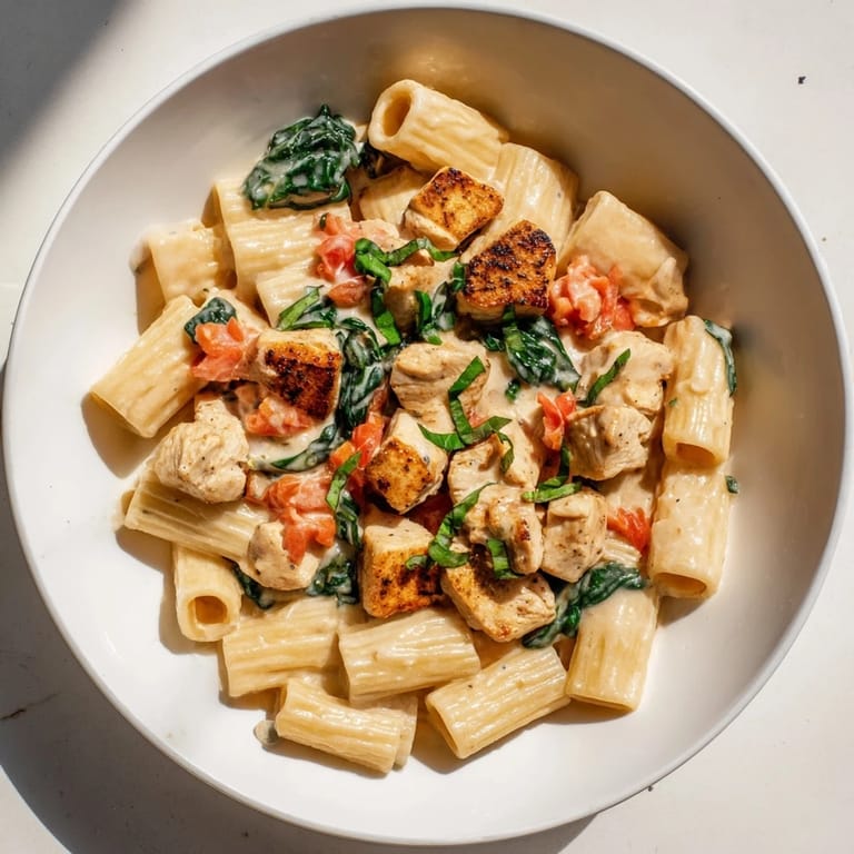 A close-up of a bowl of delicious Budget-Friendly Marry Me Chicken Pasta, garnished with fresh basil leaves.