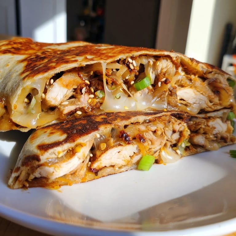 Delicious, melty Korean BBQ chicken wrap grilled cheese with toasted sesame seeds and warm flavors.