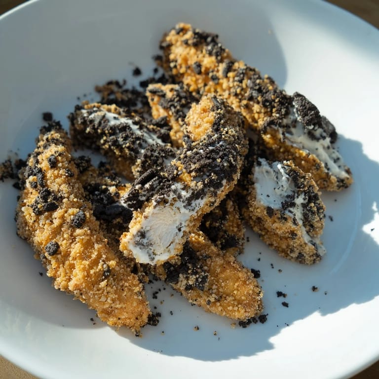 Mouthwatering image of fried KFC Oreo Krusher chicken tenders, a sweet and savory indulgence.