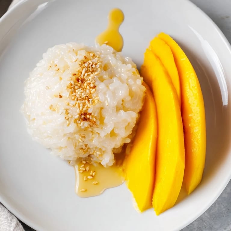 Creamy coconut sauce coats warm, fragrant Thai Mango Sticky Rice, a delicious and balanced Thai dessert.