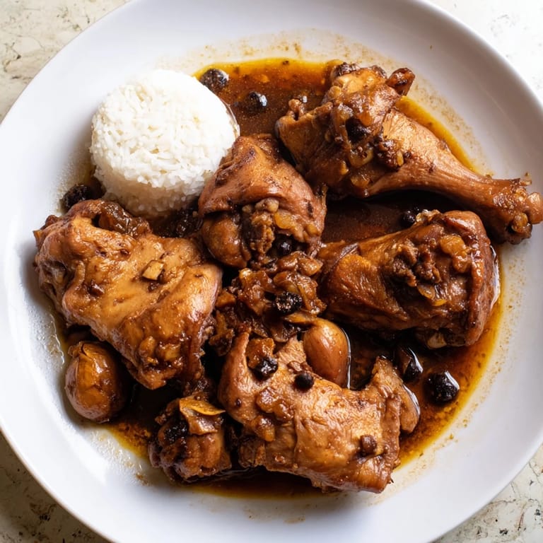 A close-up of steaming Filipino Chicken Adobo, showing juicy chicken thighs in a glossy sauce.