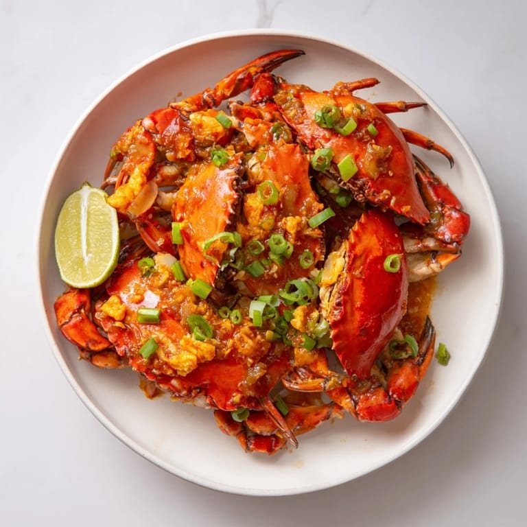 Close-up of a flavorful Singaporean chili crab, garnished with fresh herbs and ready to serve.