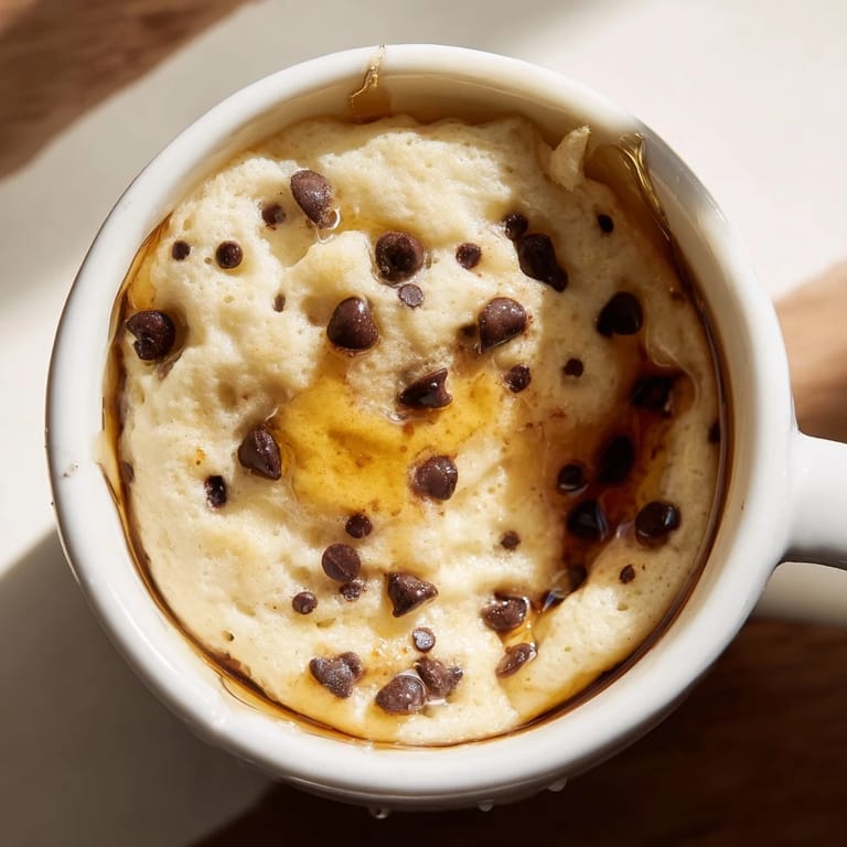 A close-up of a tender microwave mug pancake served directly in the mug, garnished with fruit and syrup for a delicious snack.