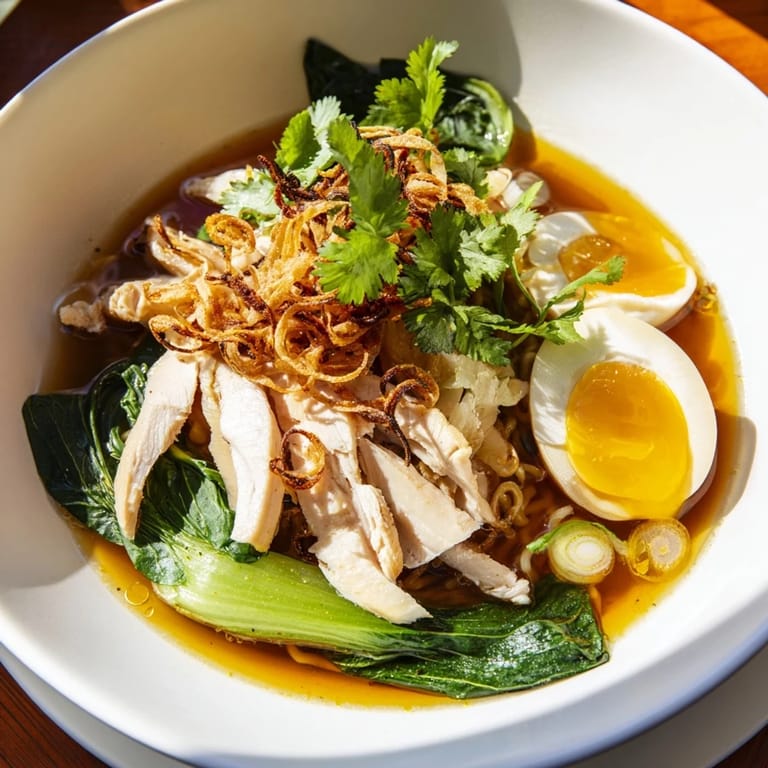 Comforting Thai Miso Ramen Bowl featuring noodles, savory broth, and colorful toppings arranged in a deep ceramic bowl.