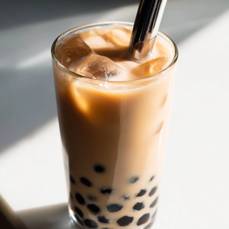 Vivid close-up of Boba Tea Hack – Instant Bubble Tea with Sweetened Condensed Milk beside a pitcher, showcasing creamy tea, ice, and sweet pearls in a relaxed kitchen scene.
