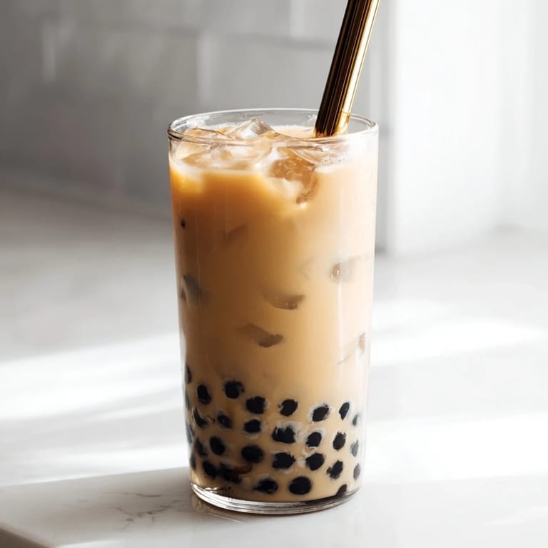 Serving suggestion for Boba Tea Hack – Instant Bubble Tea with Sweetened Condensed Milk: two frosty glasses stacked with boba pearls, dripping with sweetened condensed milk creaminess.
