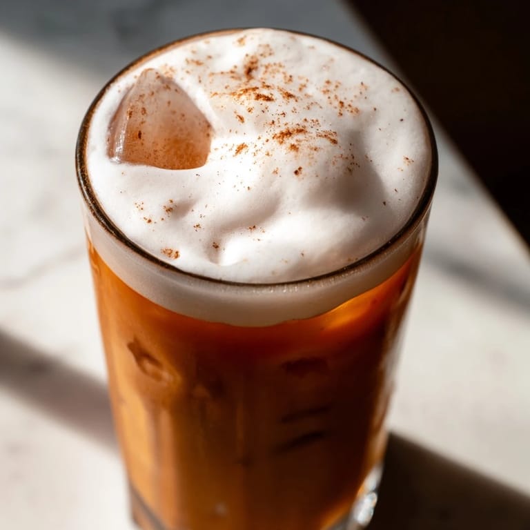 A refreshing Iced Chai Tea with Cold Foam served in a clear tumbler, showing delicate foam and cinnamon dusting for a cozy afternoon pick-me-up.  