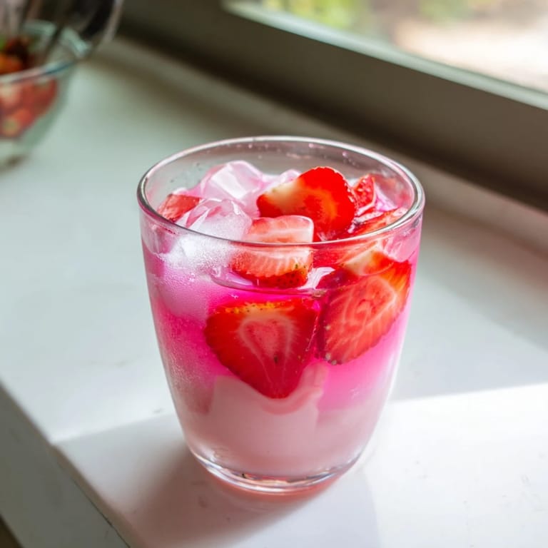 A close-up of the Refresher Copycat Pink Drink garnished with fresh strawberry slices, creamy coconut milk, and ice cubes in a glass.