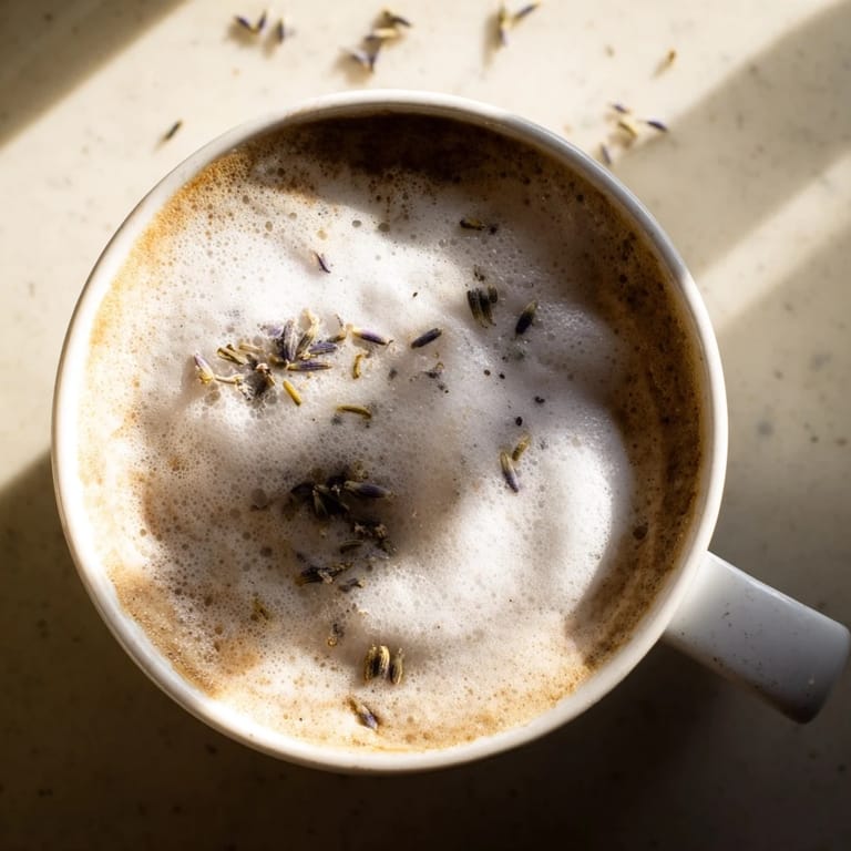 Two creamy Whipped Lavender Lattes in rustic ceramic mugs, steam rising gently from the fragrant espresso and floral foam.  