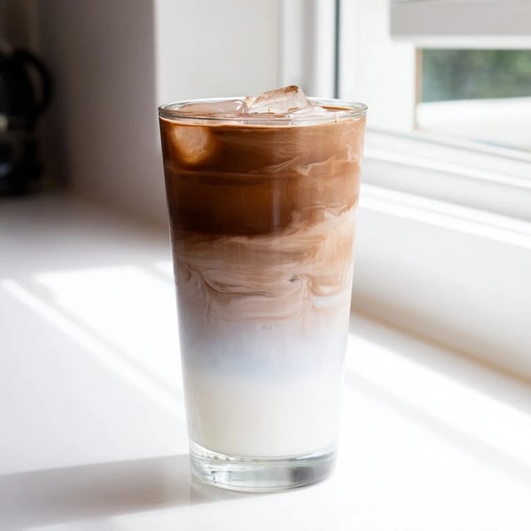 Topped with a sprinkle of Milo powder, this chocolatey iced latte is served with a straw in a frosty glass.