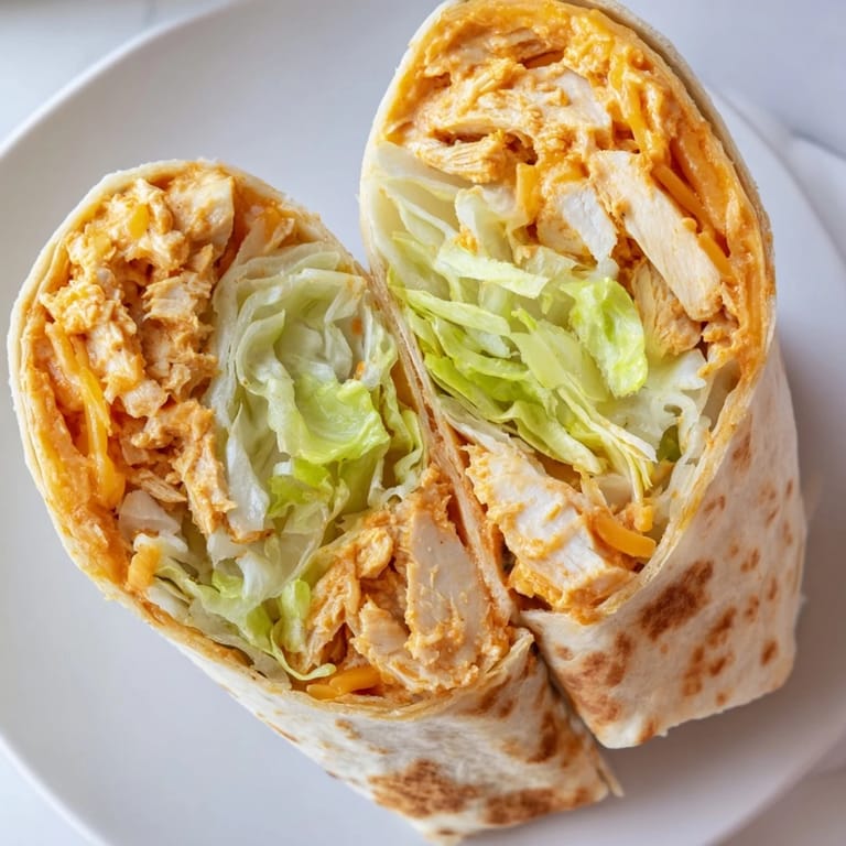 A close-up of a Buffalo Ranch Chicken Wrap, drizzled with creamy ranch dressing and extra buffalo sauce, ready to be enjoyed as a quick and satisfying meal.
