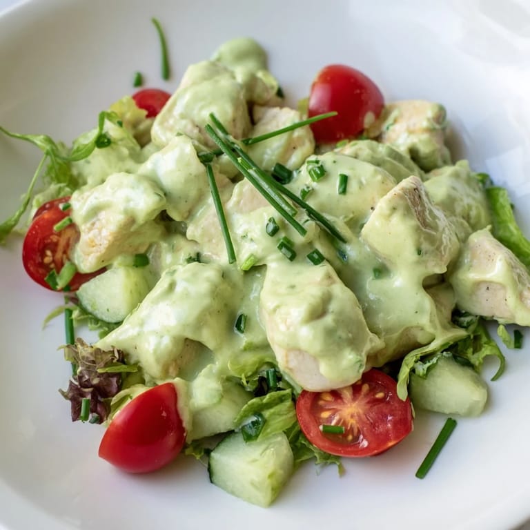 Creamy avocado ranch chicken salad topped with juicy chicken chunks, celery, red onion, and fresh herbs.