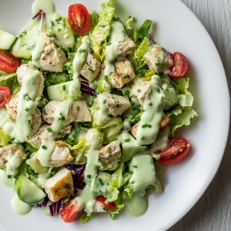 Plated avocado ranch chicken salad with greens and tomatoes, served on a white plate for lunch.