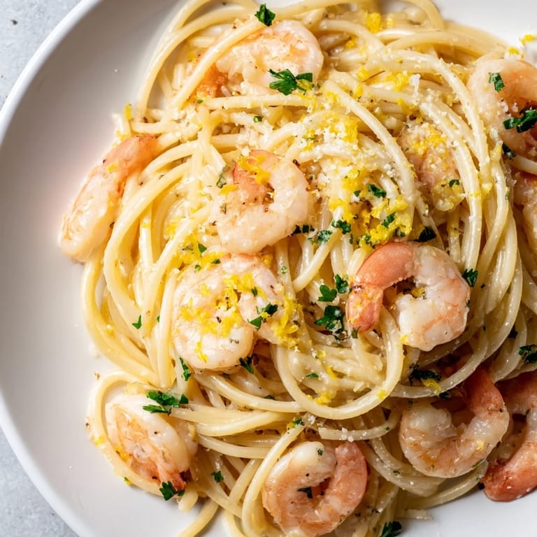 A close-up shows strands of Lemon Garlic Shrimp Pasta glistening with buttery lemon sauce, topped with plump shrimp, chopped parsley, and a wedge of fresh lemon.