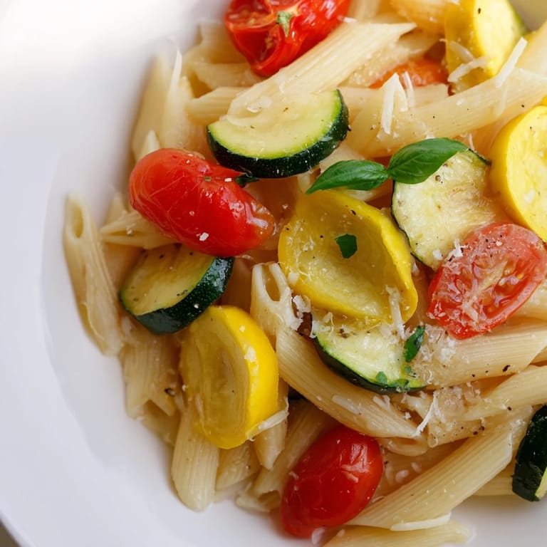 Hearty Garden Veggie Pasta tossed in a skillet with al dente penne, colorful summer vegetables, and a bright lemon garnish.