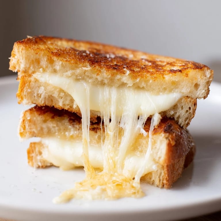 Homemade three-cheese grilled cheese on buttery toasted bread, sliced to show gooey interior.