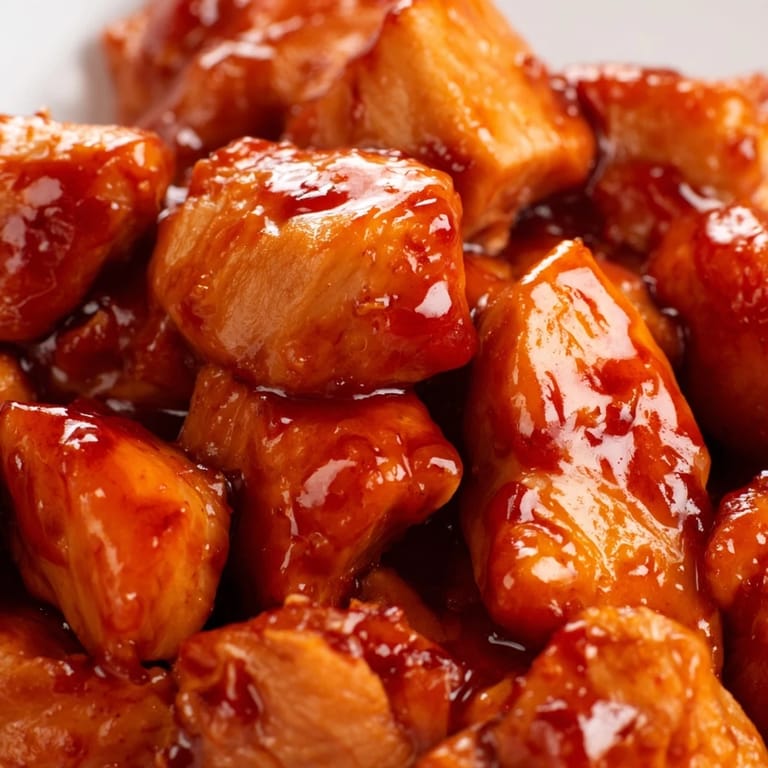 Close-up of a sweet chili chicken bowl showing tender chicken pieces in sticky sauce over rice with fresh green onion garnish.  