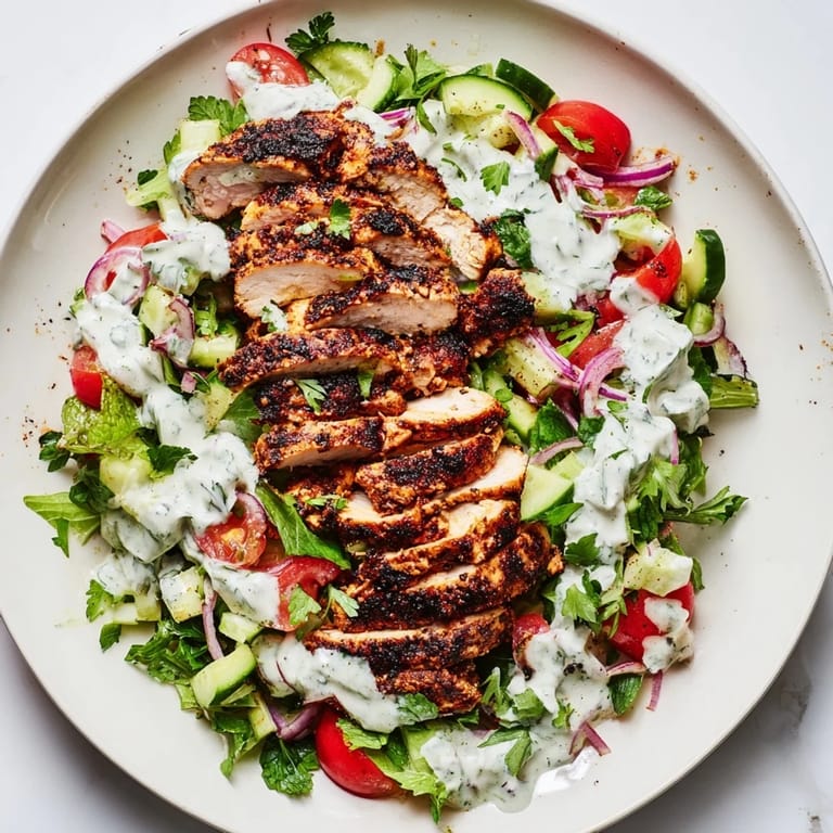 Served Chicken Shawarma Salad in a white bowl, featuring juicy marinated chicken, fresh parsley, and a generous drizzle of homemade cumin-spiced Greek yogurt dressing.