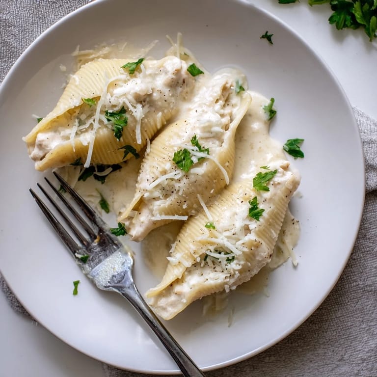 Freshly cooked Chicken Alfredo Stuffed Shells in a white baking dish, served with a side salad and ready to enjoy.