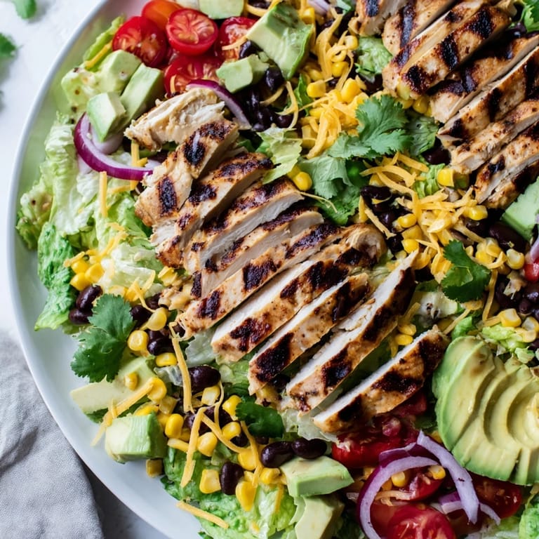 Freshly tossed Honey Lime Chicken Taco Salad featuring juicy grilled chicken, diced tomatoes, shredded cheese, and a vibrant honey-lime drizzle.  